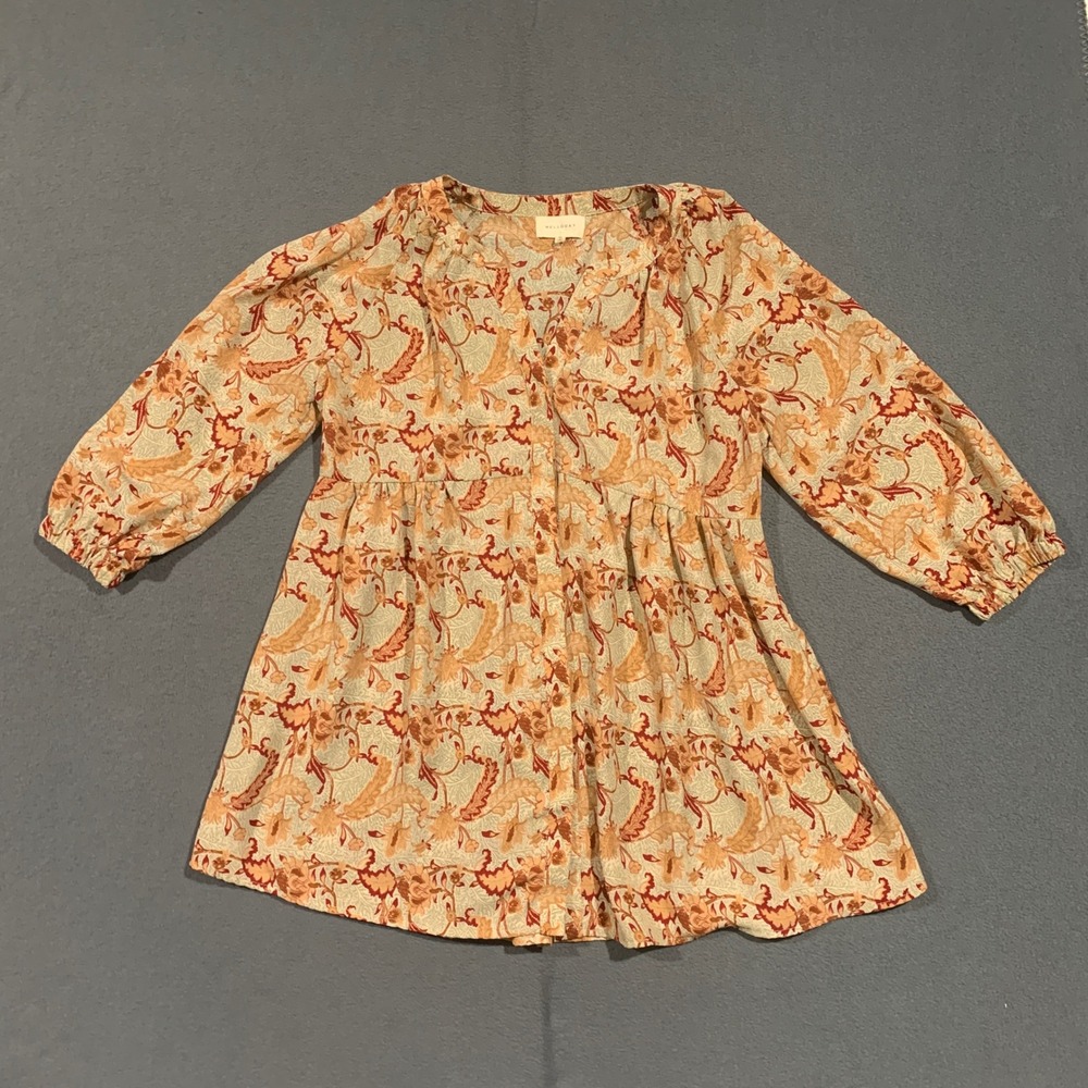 MELLODAY Womens M Babydoll Flowy Tunic Top Blouse V Neck Beige Orange Fall